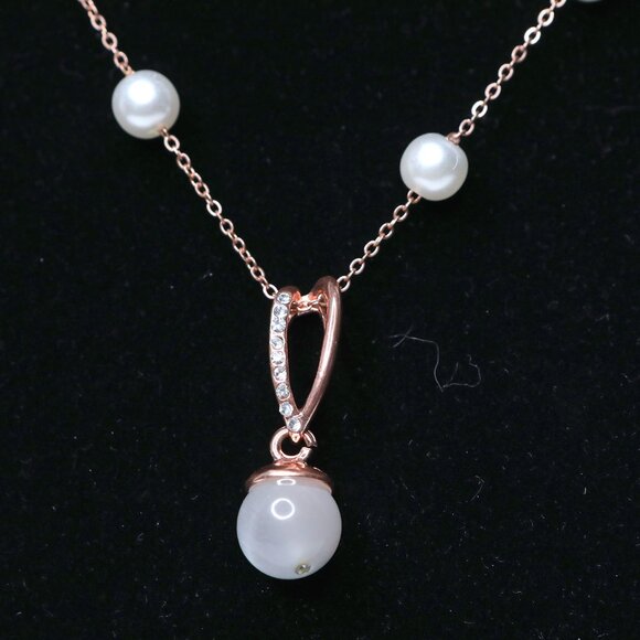 Rose Gold Tone Dainty Y-Lariat Necklace Faux Pearl Drop Modern Minimalist - Picture 8 of 8